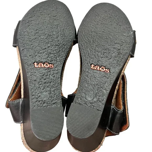 TAOS CAROUSEL 3 WEDGE SANDALS EU 38 US 7 - 7.5 BLACK HEEL SILVER LEATHER SHOE - Picture 4 of 7